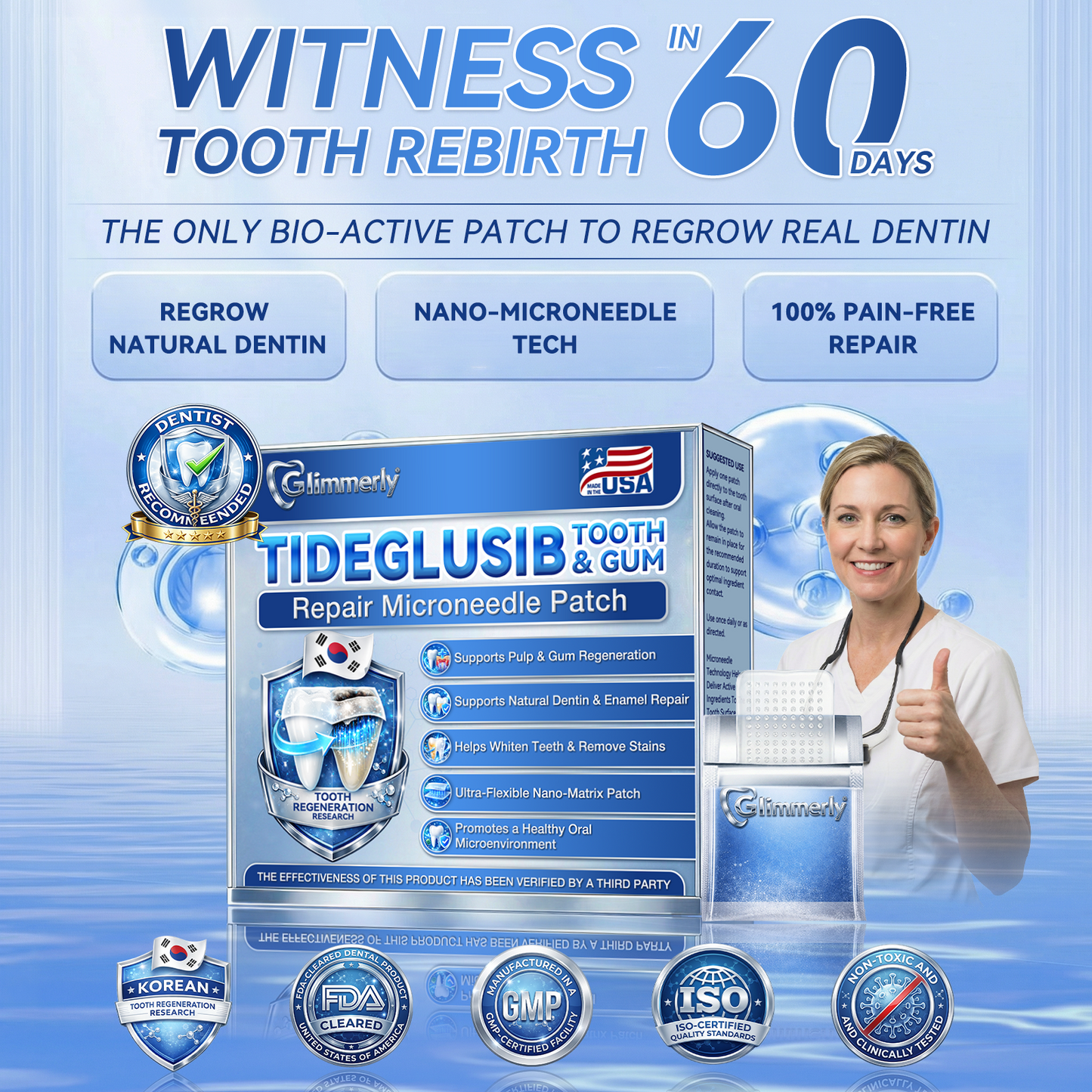 🌻𝐆𝐥𝐢𝐦𝐦𝐞𝐫𝐥𝐲® 🦷 Parche de microagujas con Tideglusib para la reparación de dientes y encías  3.0