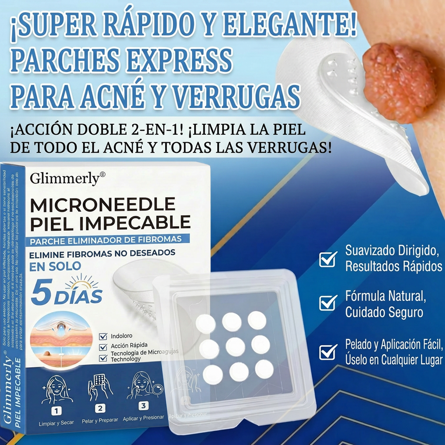 👩‍⚕️ Glimmerly® Parche 2 en 1 de microagujas e hidrocoloide | Eliminador de lunares en relieve, acné, verrugas planas y acrocordones | Mejora arrugas, cicatrices e imperfecciones | Parches invisibles para granos (rostro y cuerpo) | 144 unidades
