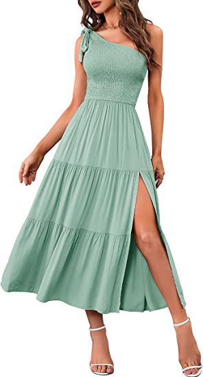 2026 New Summer Fashion Women's One-shoulder Pleated Layered Hem Split Dress